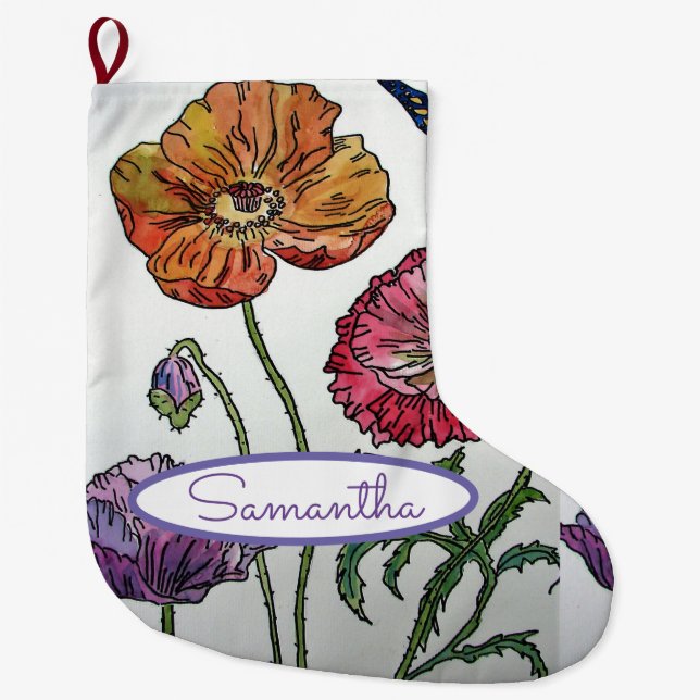 Orange Red Purple Poppy Poppies Floral Flower Large Christmas Stocking (Front)