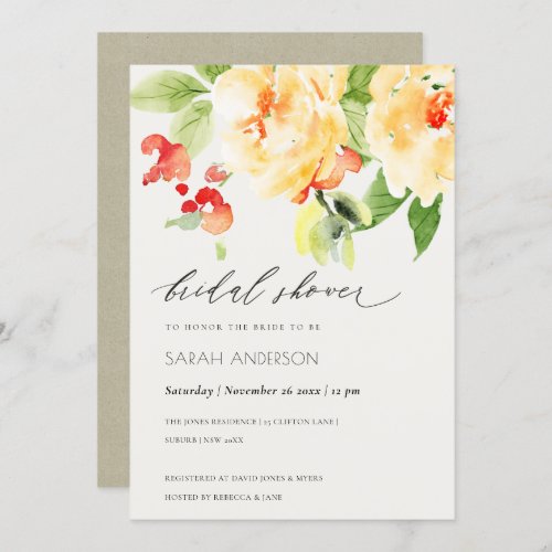 ORANGE RED ROSE WATERCOLOR FLORAL BRIDAL SHOWER INVITATION