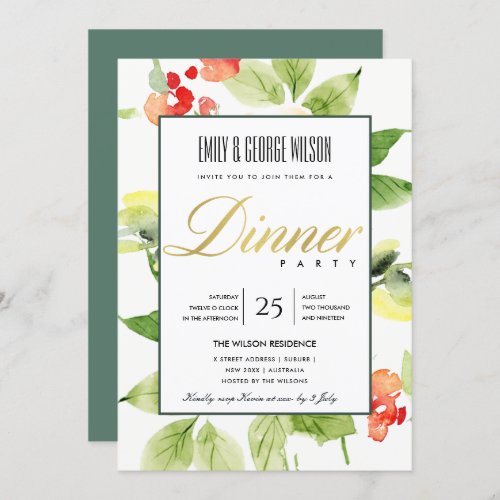 ORANGE RED ROSE WATERCOLOR FLORAL DINNER PARTY INVITATION