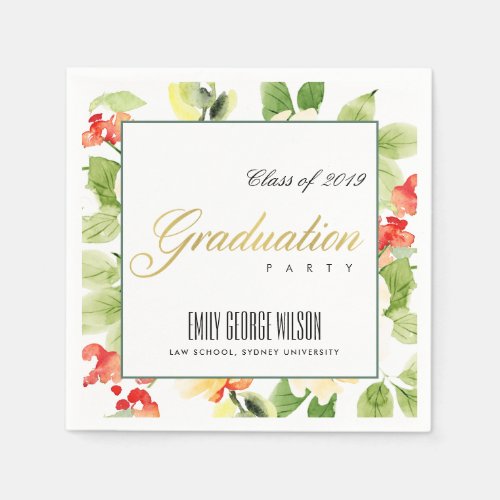 ORANGE RED ROSE WATERCOLOR FLORAL GOLD GRADUATION NAPKINS