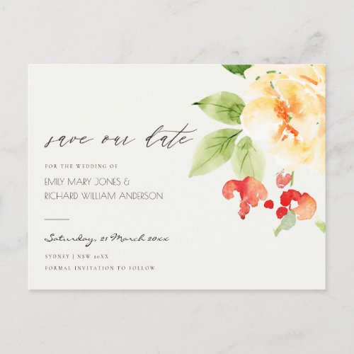 ORANGE RED ROSE WATERCOLOR FLORAL SAVE THE DATE ANNOUNCEMENT POSTCARD
