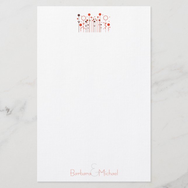 Orange Red Simple Floral Dot Personalized Stationery (Front)