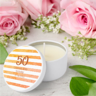 Orange red striped 50th birthday brown name retro mini candle favors