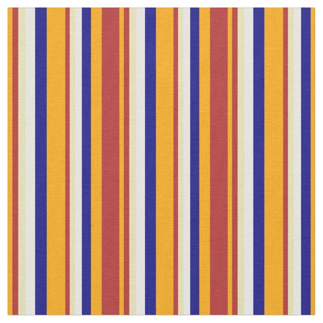 Orange, Red, Tan, White & Blue Colored Lines Fabric (Close Up)