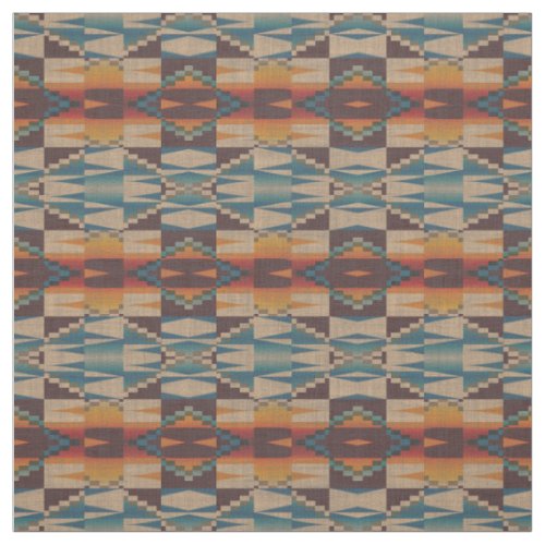 Orange Red Teal Blue Brown Aztec Mosaic Pattern Fabric