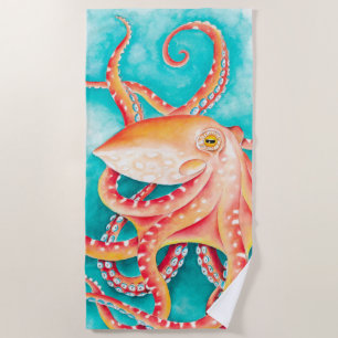 Orange Red Tentacles Octopus Watercolor Beach Towel