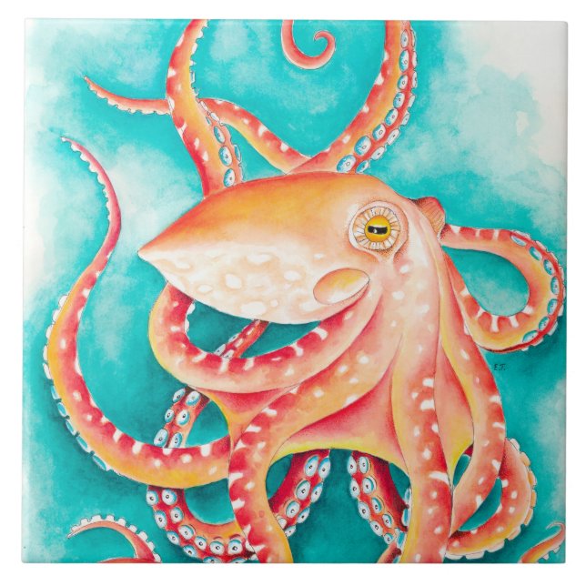 Orange Red Tentacles Octopus Watercolor Ceramic Tile (Front)