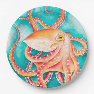 Orange Red Tentacles Octopus Watercolor Paper Plates