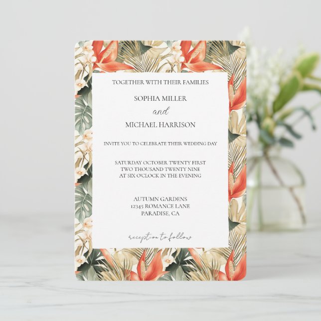 Orange Red Tropical Jungle Floral Wedding Invitation (Standing Front)