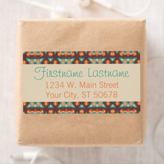 Orange Red Turquoise Rustic Cabin Mosaic Pattern Label (Insitu)