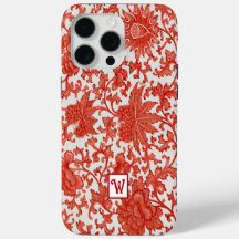 Orange Red Vintage Chinese Floral Pattern Monogram