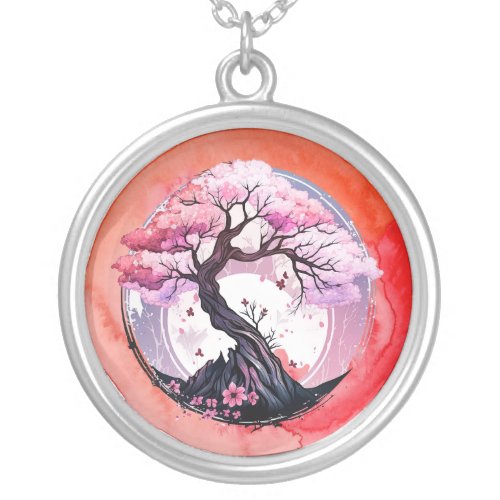 Orange Red Watercolor Circle Cherry Blossom Tree Silver Plated Necklace