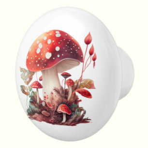 Orange Red Woodland Mushroom Cottagecore Ceramic Knob