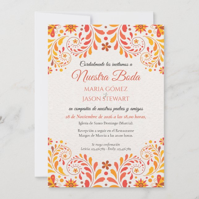 Orange Red Yellow Butterfly Floral Spanish Wedding Invitation (Front)