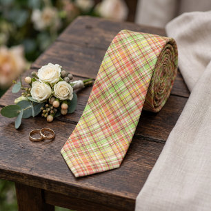 Orange Red Yellow Lime Green Gingham Plaid Pattern Neck Tie