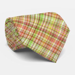 Orange Red Yellow Lime Green Gingham Plaid Pattern Neck Tie