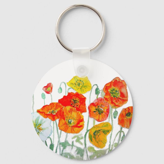 Orange Red Yellow Poppy Watercolor Art White Keychain (Front)