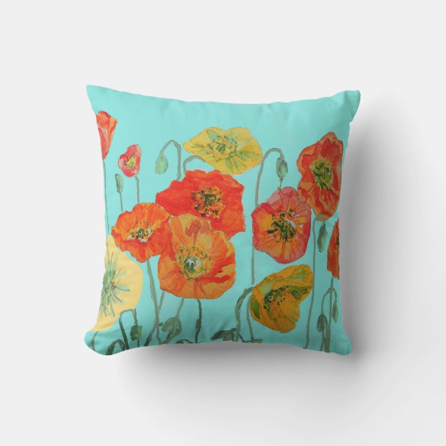 Orange Red Yellow Poppy Watercolor Cushion Aqua (Front)