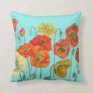 Orange Red Yellow Poppy Watercolor Cushion Aqua