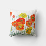 Orange Red Yellow Poppy Watercolor Cushion White