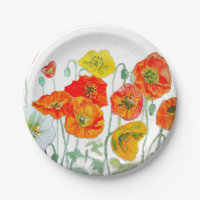 Orange Red Yellow Poppy Watercolor Cushion White