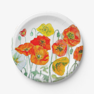 Orange Red Yellow Poppy Watercolor Cushion White Paper Plates