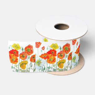 Orange Red Yellow Poppy Watercolor Cushion White Satin Ribbon