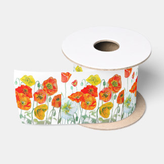 Orange Red Yellow Poppy Watercolor Cushion White Satin Ribbon