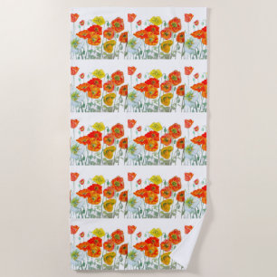Orange Red Yellow Poppy Watercolor Poppies Art Beach Towel