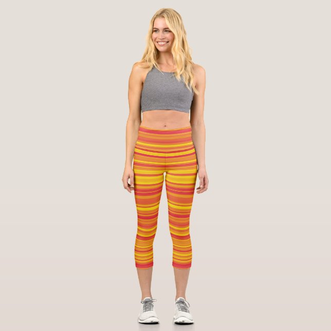 Orange Red Yellow Stripes Capri Leggings (Front)