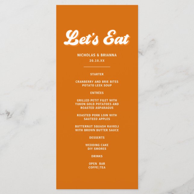 Orange Retro 70s Boho Groovy Disco Wedding Menu (Front)