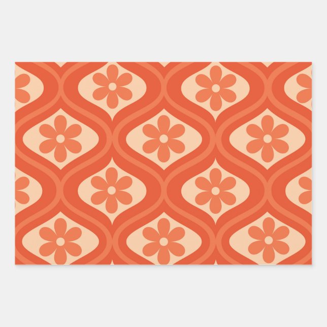Orange retro 70s flower on ogee pattern  wrapping paper sheets (Front 3)