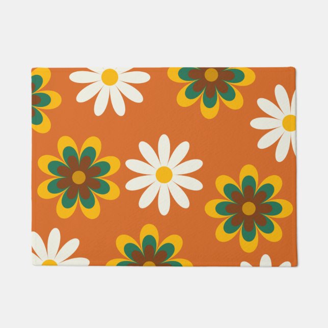 Orange Retro 70s Flowers Doormat (Front)