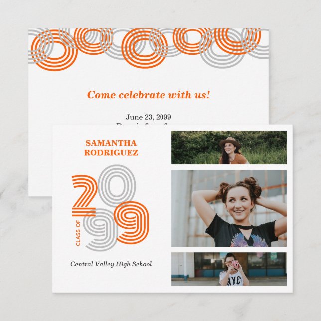 Orange Retro Big Numbers 3-Photo Graduation Invitation (Front/Back)