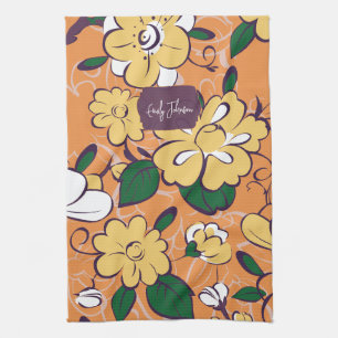 Orange Retro Botanical Yellow Flowers Custom Name Kitchen Towel