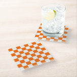 Orange Retro Checks Checkerboard Pattern   Glass Coaster<br><div class="desc">Cool fresh checkered pattern design,  modern interior design decor for home,  living room,  nursery room,  kids room. Checkered colorful curtains,  rug,  phone case. Checkered 70s and 60s trend design idea. Orange checkers chess design</div>