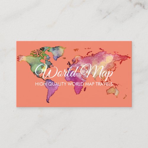 Orange Retro Colorful Watercolor World Map Business Card