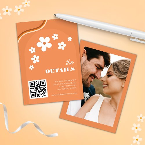 Orange Retro Daisy Boho QR Code Wedding Details Enclosure Card