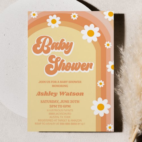 Orange Retro Daisy Flower Baby Shower Invitation