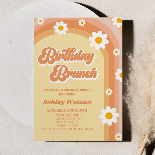 Orange Retro Daisy Flower Birthday Brunch Party Invitation