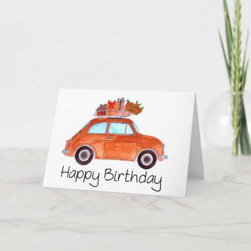 Orange Retro Fiat 500 Birthday Card