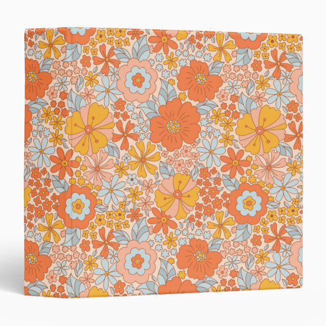Orange Retro Flower Pattern 3 Ring Binder (Front/Spine)
