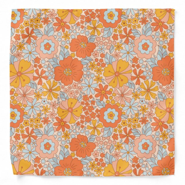 Orange Retro Flower Pattern Bandana (Front)