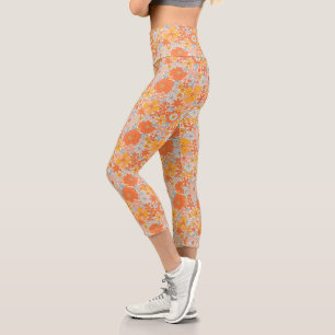 Orange Retro Flower Pattern Capri Leggings
