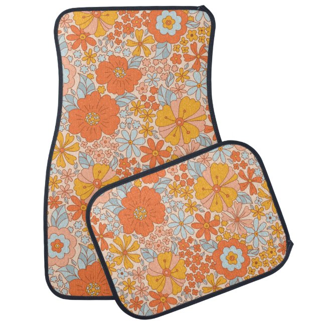 Orange Retro Flower Pattern Car Floor Mat (Set)