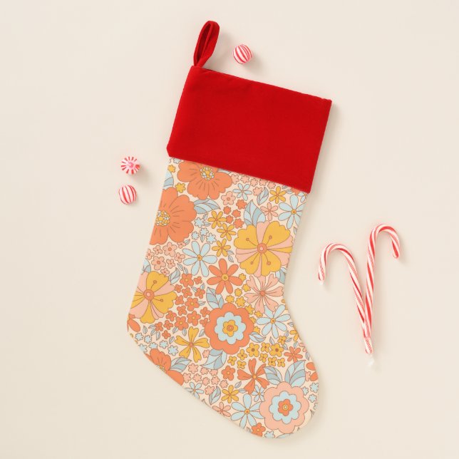 Orange Retro Flower Pattern Christmas Stocking (Front)