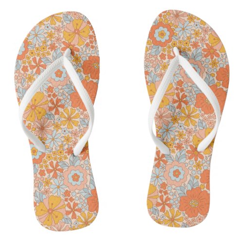 Orange Retro Flower Pattern Flip Flops