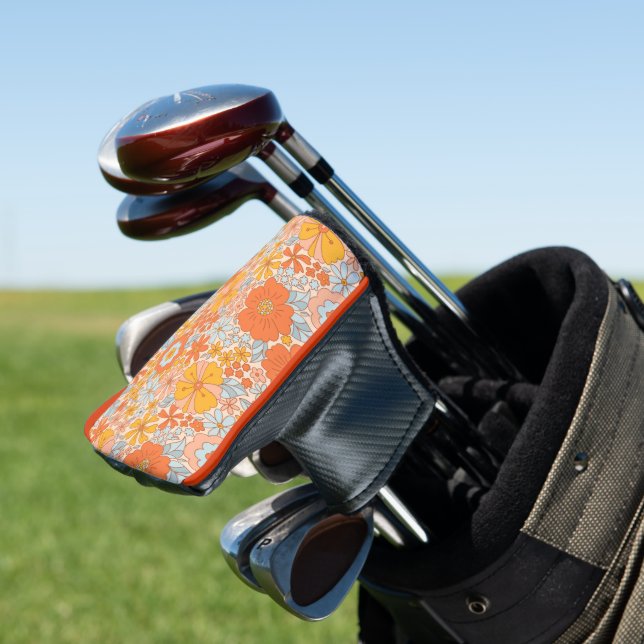 Orange Retro Flower Pattern Golf Head Cover (In Situ)