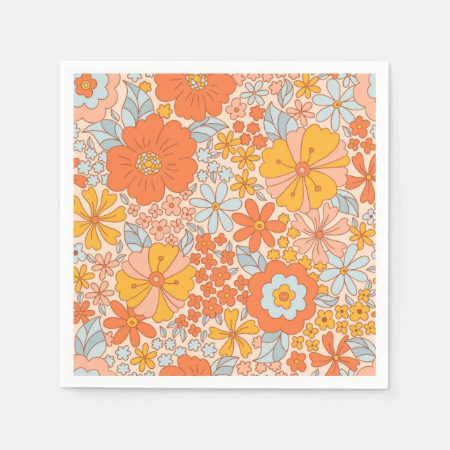 Orange Retro Flower Pattern Napkins (Front)