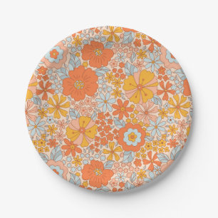 Orange Retro Flower Pattern Paper Plates